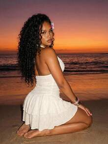 Zestiva Women's Spring/Summer Beachwear Jacquard Mesh Sleeveless Halter Waist Ruffle Hem Vacation Dress & Cover-Up Women's Summer Outfits - Apricot - View 2