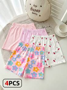 Souflis Souflis 4 piezas Pantalones cortos casuales, cómodos, dulces y lindos para niña con estampados florales, de cereza y de rayas de moño en 4 colores, adecuados para la escuela, las vacaciones y el uso diario en verano - Multicolor - Ver 3