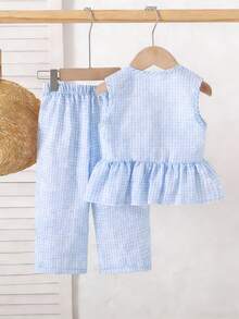 SHEIN Playful Pals 2件套女婴幼儿/新生儿0-3岁春夏休闲甜美日常度假条纹梭织无袖上衣和阔腿裤两件套 - 淺藍色 - 查看 2