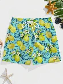 VIVINTIMO Men's Lemon Print Drawstring Waist Beach Shorts, Mesh Lining - Multicolor - View 2