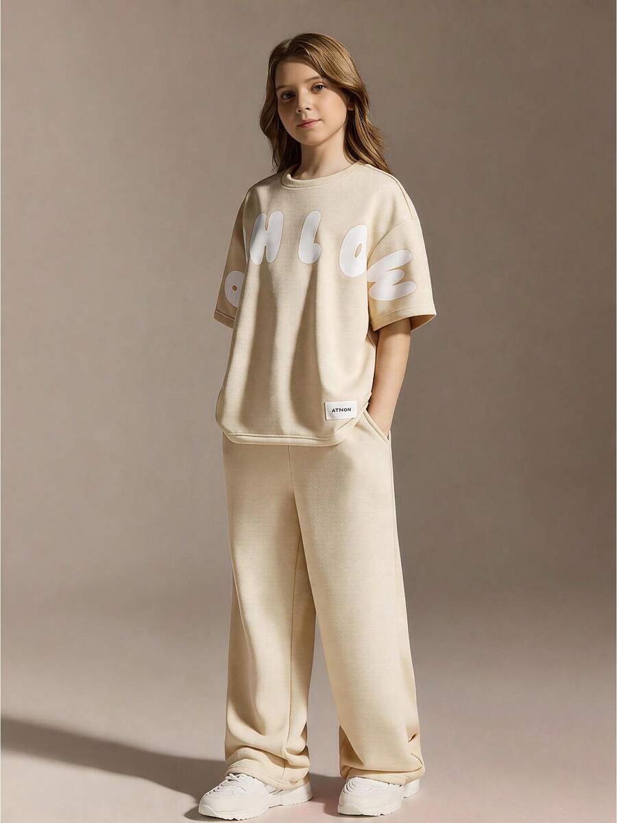 SHEIN 青少年女孩休閒運動套裝，寬鬆大尺寸圓領，可愛，校園，返校季