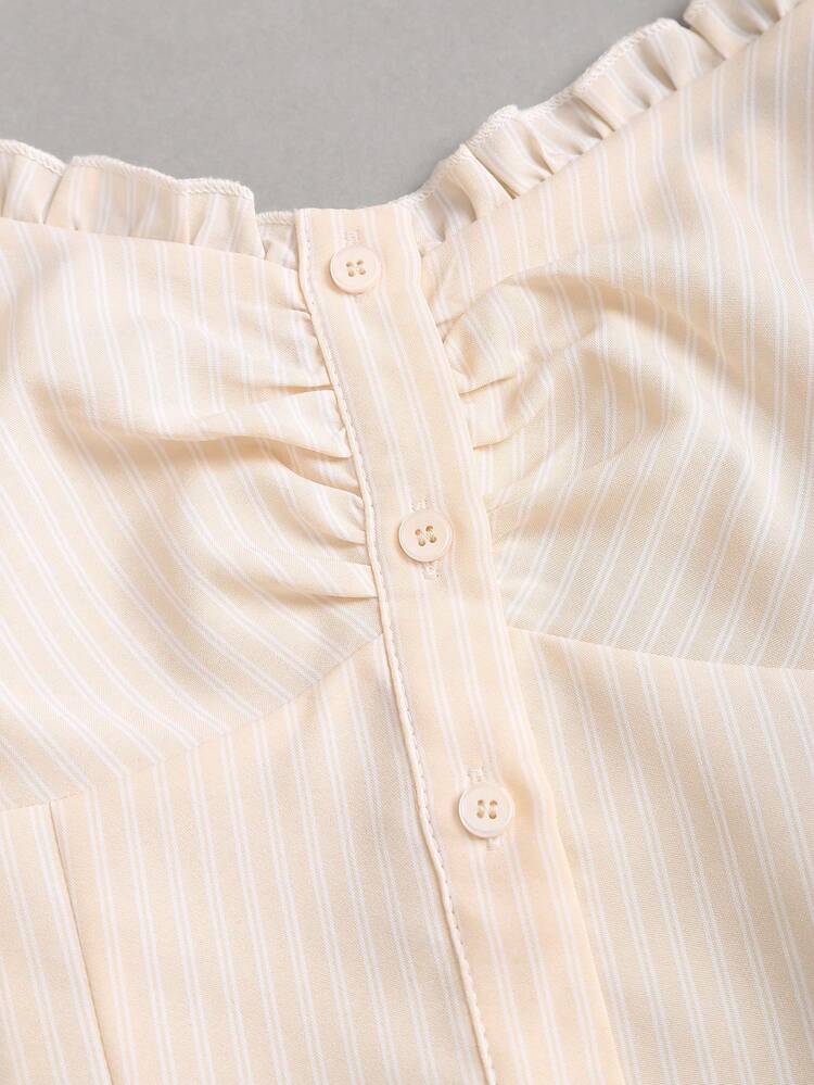 SHEIN Sweetro Women's New Sweet Pink Striped Petal Sleeve Frill Trim Fitted Blouse, Spring/Summer, Suitable For Dates And Outings - Light Yellow - View 5