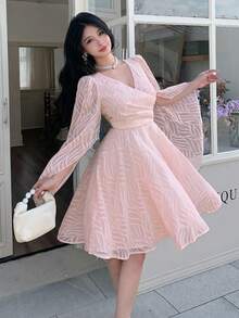 Feyla Women's Textured Overlap V-Neck Split Sleeve Elegant Short Dress - Pink - View 3