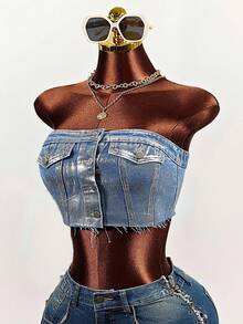 SHEIN Women's Sexy Fashion Street Snap Single-Breasted Cropped Bustier Denim Top, Summer - Blue - View 1