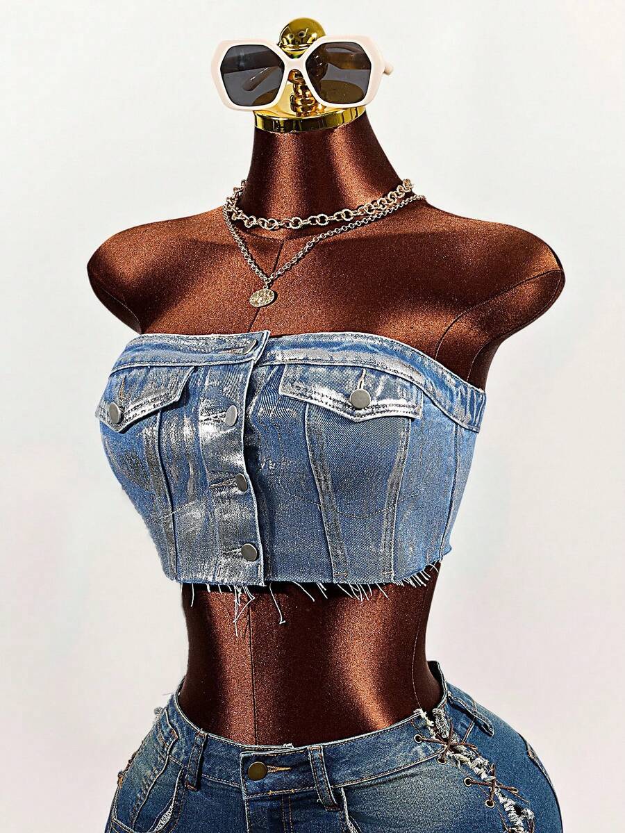 SHEIN Women's Sexy Fashion Street Snap Single-Breasted Cropped Bustier Denim Top, Summer - Blue - View 1