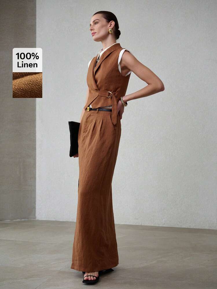 WOMEN'S PURE LINEN LONG SKIRT WITH SIDE SLIT, SPRING/SUMMER