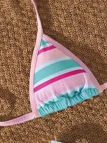 Bonvoyette Swim Vcay 优雅女士 2026 多色波点沙滩泳衣，清新撞色动物纹印花，超柔软塑形弹力罗纹针织挂脖三角比基尼套装，可调节系带挂脖比基尼上衣（带可拆卸胸垫），Y2K 美学高衩性感比基尼下装（撞色条纹图案）。 - 粉色 - 查看 8