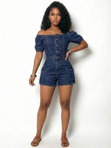 SHEIN Slayr Mono vaquero de verano casual para mujer con hombros descubiertos, botones y media cartera - Azul - Ver 4