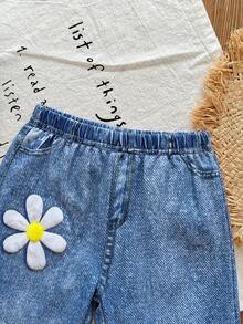 2 Pieces Baby Girl Blue And Yellow Striped,Summer,Cute,Vacation Set,Textured Tank Top & Flower Embellished Denim Straight-Leg Pants Toddler Outfits - Yellow - View 7