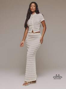 MUSERA Áo tay ngắn kẻ sọc cài cúc phối cùng chân váy maxi ôm dáng, bán cả bộ, dễ thương, phong cách mùa xuân, nghỉ lễ, nữ tính, ngọt ngào. - Màu vàng ngỗng - Xem 1