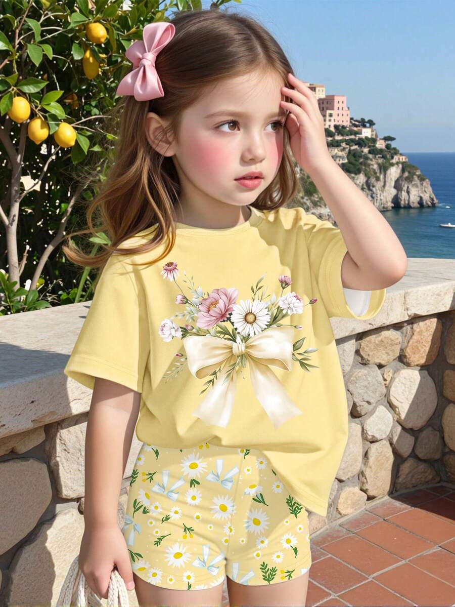 2pcs/Set Young Girl Casual Floral Daisy & Bow Print Short Sleeve T-Shirt And Minimalist Print Shorts Set, Suitable For Summer Outings - Multicolor - View 1