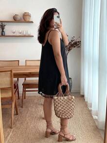 Đầm hai dây cỡ lớn phong cách Boho viền tua rua, thích hợp cho mùa hè, đi biển, dự tiệc. - màu đen - Xem 3
