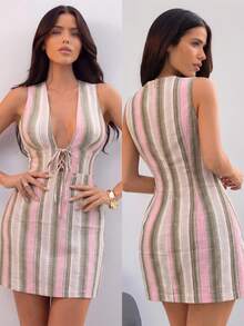 SHEIN SXY 条纹系带无袖迷你连衣裙 - 彩色 - 查看 7