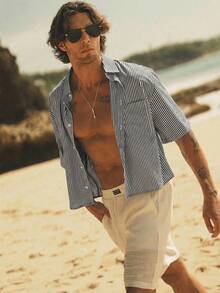 HIMLAND Áo sơ mi nam tay ngắn kẻ sọc dáng ôm vừa vặn, kiểu dáng thường ngày. - Nhiều màu - Xem 4