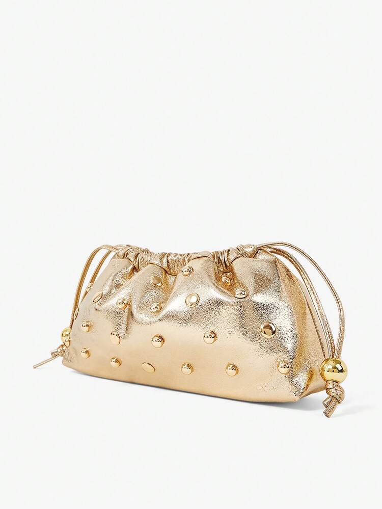 SHEIN Maija Ladies, Women Clutches, Drawstring Clutch, Faux Leather, Gold With Gold Rivets, Fashionable, Elegant, Simple, Personalized, Versatile, Classic, For Commute, Office, Date, Daily, Shopping, Afternoon Tea