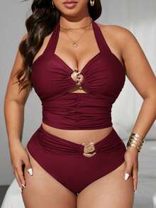 SHEIN Swim Lushore Bộ đồ bơi tankini 2 mảnh màu xanh lá cây dành cho nữ cỡ lớn, kiểu cổ yếm khoét rỗng, lưng trần xếp nếp, thanh lịch và thời trang. - Màu Đỏ Sâu - Xem 6