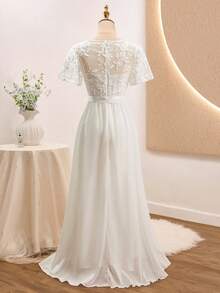 Glamorique Kids Elegant Netted Embroidered Chiffon Ruffle Sleeve Dress, Suitable For Weddings, Galas, Birthdays, Parties, All Seasons - Apricot - View 3