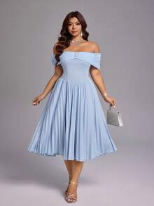 Viva Relle 女士露肩修身高腰喇叭连衣裙 - 淺藍色 - 查看 6