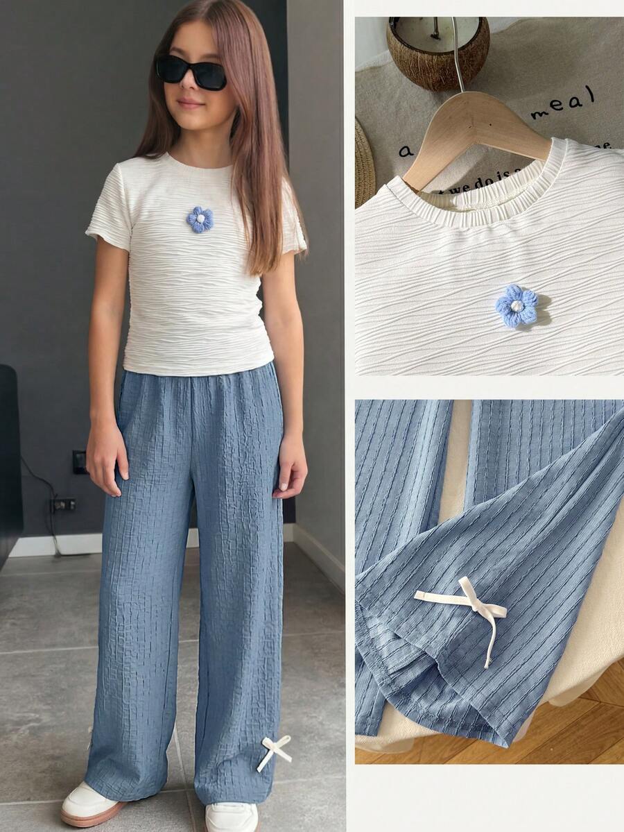 SHEIN Two Pieces Set Featuring A Girl's Blue And White 3D Floral Jacquard Top And Textured Wide-Leg Pants, Pants And Top Set, Ootd For Kids Girl 8 To12 Yrs Old, Youth Girl Clothes, Trouser Shirt For Girls - Blue and White - View 1