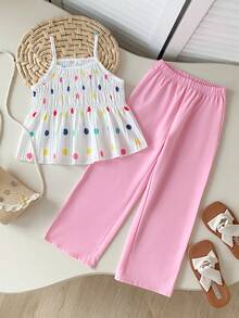 SHEIN Playful Pals 女童蓝白格子印花无袖上衣和配套长裤两件套，修身剪裁，适合外出、休闲、运动、派对等场合。 - 彩色 - 查看 4