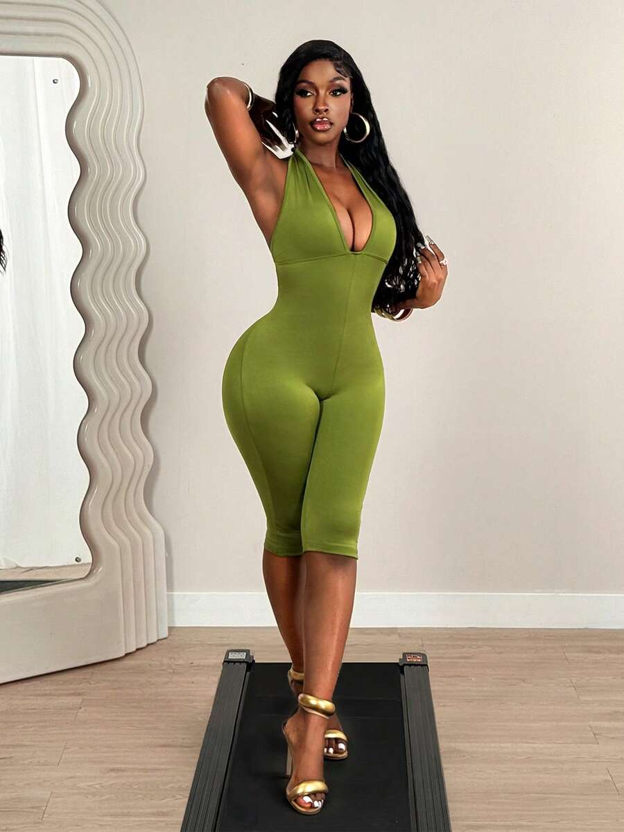 SHEIN BamGlam Mono de fiesta sexy de verano para mujer con escote en V profundo, tirantes finos, espalda descubierta, cintura con lazo y color verde aguacate - Verde - Ver 1