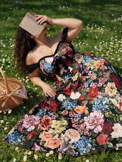 SHEIN CURVE+ 大码女士时尚露肩印花连衣裙，春夏款，情人节连衣裙，嘉年华女士连衣裙，婚礼及活动连衣裙，大码生日连衣裙，复古风，优雅风，碎花连衣裙，黑色连衣裙，宫廷风，海盗风连衣裙，乡村风，巴洛克风，奢华宫廷风，维多利亚花园连衣裙，野花连衣裙，碎花连衣裙，女士连衣裙