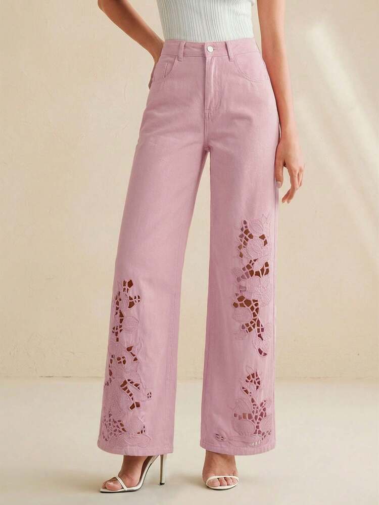 Women's Elegant Embroidered Hollow-Out White Straight-Leg Jeans, Suitable For Valentine's Day, Women's Day, Mother's Day