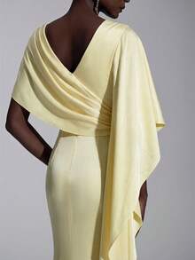 Elitara Elegant Luxurious Satin Ruffle Sleeve Decor Sexy Slit Fishtail Bridesmaid Dress - Yellow - View 3
