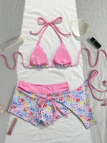 Swim Mod Conjunto de bikini de 3 piezas con parte superior triangular con escote de pico y espalda descubierta, y Bottom, con estampado de lunares y lazo, para mujer. Conjunto de bikini con estampado floral para primavera/verano como atuendo de playa para mujer - Multicolor - Ver 4