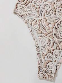 Qadelle GlowEve Floral Lace Print Sleeveless Bodysuit, Round Neck Slim Fit White Women Summer Slim Casual Base Layer Swimsuit,Bathing Suit - Apricot - View 4
