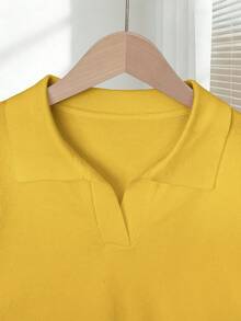 Franclia Women's Simple Solid Color Turndown Collar Short Sleeve Casual Fitted Knit Top, Versatile For Spring/Summer - Mustard Yellow - View 3