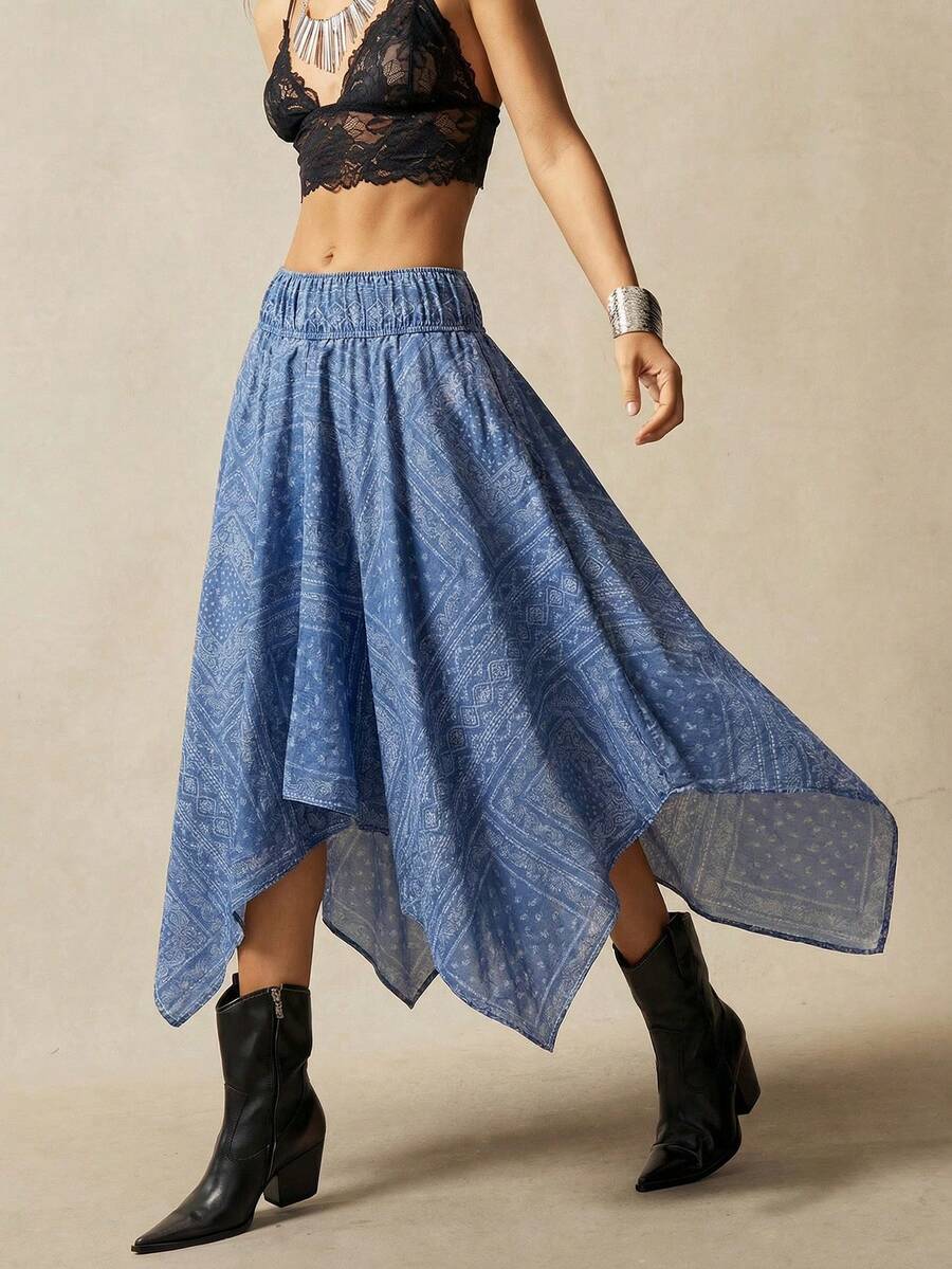 Bohemela Chân váy denim nữ kiểu retro thường ngày, in họa tiết toàn thân, vạt bất đối xứng, cạp chun. - Rửa nhẹ - Xem 1