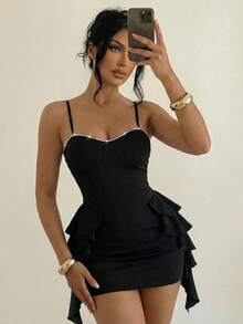 Women's Backless Dress With Ruffle Trimmed Spaghetti Straps Mini Short Women Outfit - Black - View 5