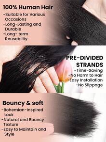 Boho Braids Tóc giả móc sợi Yaki màu sáng, đã được tách sẵn, làm từ tóc người Remy, kiểu thẳng, mềm mại, trọng lượng 50g/150g/250g, không đường nối, vô hình, phù hợp cho tóc mỏng của phụ nữ. - Natural Black - Xem 6