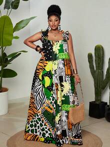 Maweii Plus Size Women's Black And White Contrasting Print Summer Boho Vacation Holiday Dress, Colorful Asymmetric Ruffle Edge Suspender Tropical Long Dress - Green - View 4