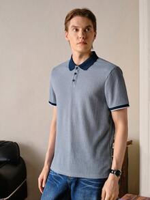 Men Blue Color Summer Celebration Season Navy Contrast Collar Vertical Striped Textured Polo Shirt For Knitted, Plain Short Sleeve - Blue - View 8
