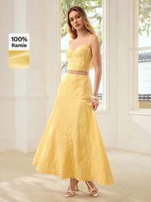 PREMIUM WOMEN'S COTTON LINEN EMBROIDERED FITTED CAMISOLE TOP, SPRING/SUMMER - Yellow - View 5