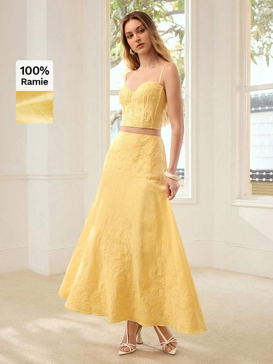 PREMIUM 女士棉麻刺绣修身吊带背心，春夏款 - 黃色 - 查看 1