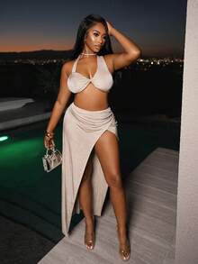 BamGleam Ensemble décontracté d'été pour femmes, tenue de vacances à la plage. Débardeur court sexy à une épaule kaki avec jupe mi-longue - Kaki - Voir 4