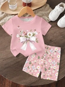 SHEIN 2件套女童休闲碎花雏菊蝴蝶结印花短袖T恤和简约印花短裤套装，适合夏季外出穿着 - 彩色 - 查看 3