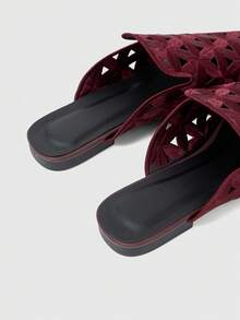 Sleekvia Women's Casual Versatile Commuter Hollow Embroidered Pointed Shoes - Burgundy 2 - View 3