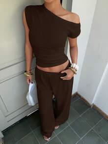 Muchica Women's Solid Color Ruched Asymmetrical Shoulder Top And Pants Casual Suit Occasion Shades Of Brown Summer,Summer Outfits For Women - Chocolate Brown - View 4