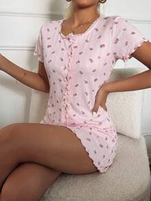 DAZY 2pcs Sweet Ditsy Floral Ruffle Trim Short Sleeve Shorts Pajama Set For Women, Summer - Baby Pink - View 5