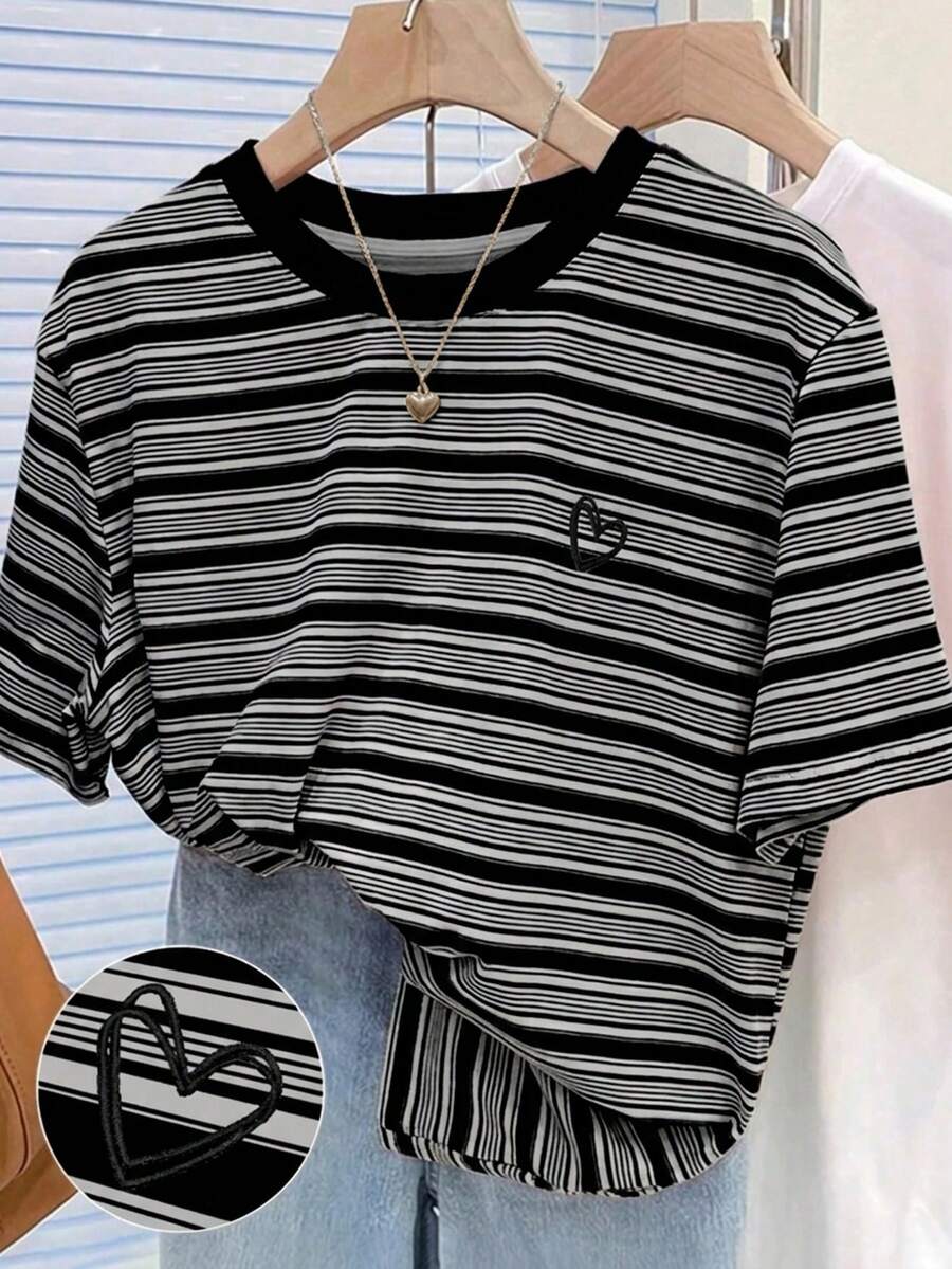 Teen Girls' Casual Versatile Sweet Pink Striped + Heart Embroidery Graphic Round Neck Regular T-Shirt - Black - View 1