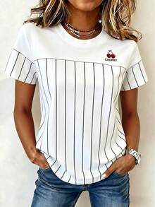 Best-Selling Cherry Embroidery, Digital Stripe Round Neck Women's T-Shirt, Fashionable Casual Suitable For Daily And Event Wear - White - View 3