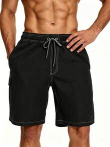Manfinity KASUA Plus Size Men's Drawstring Waist Casual Versatile Beach Shorts, Holiday - Black - View 4
