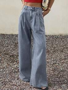 DAZY Quần jeans nữ dáng rộng, ống đứng, kẻ sọc, thích hợp cho mùa xuân và hè. - Màu xanh lam - Xem 6