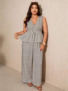 SHEIN Elaquor Bộ đồ thể thao gồm áo tank top cổ chữ V kẻ sọc phối màu tương phản và quần ống rộng, thích hợp cho mùa hè, kỳ nghỉ hoặc đi làm. - Nhiều màu - Xem 3