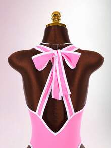 Amplova 1pc Women's Black & White Contrast Color Sexy Bodysuit, Tight-Fitting One-Piece Swimsuit With Deep V-Neck, Open Back And Bowknot, Suitable For Valentine's Day High-End Outfit - Pink - View 7