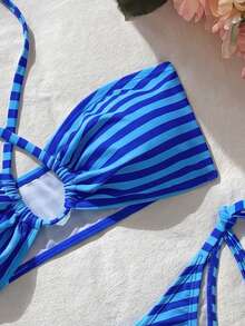 Swim Mod Conjunto de bikini de dos piezas con estampado tropical a rayas para mujer, ropa casual de resort - Multicolor - Ver 5